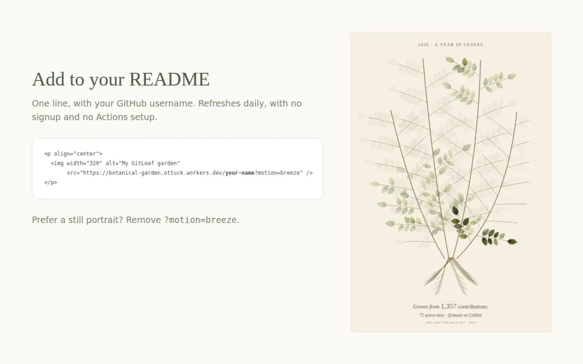 The one line to paste into a README, next to the plant it shows