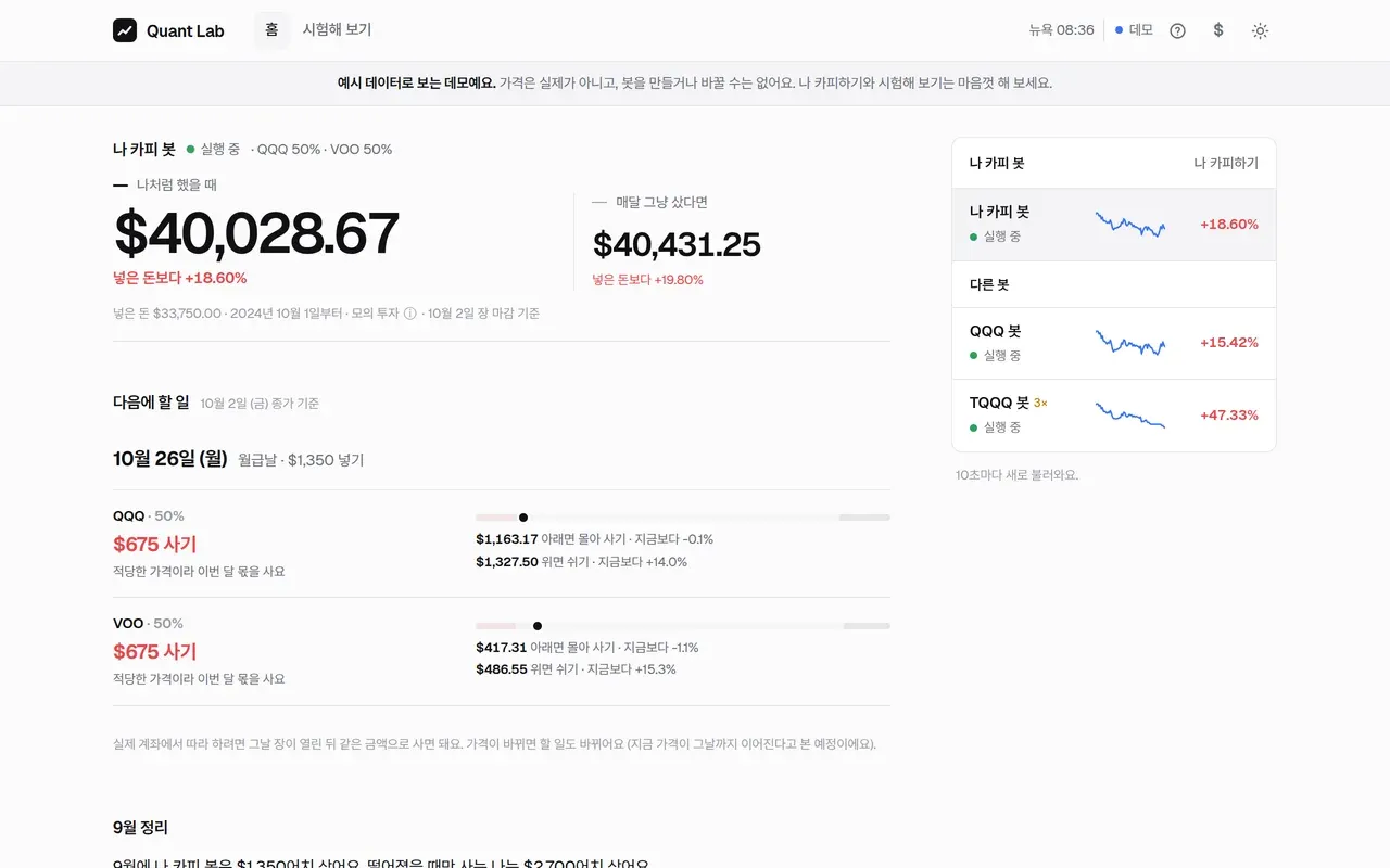 Quant Lab home: the copy-me bot next to just buying every month, and the next payday's buys